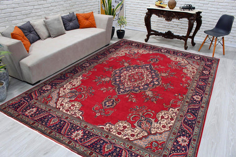 handmade Vintage Tabriz Red Blue Hand Knotted RECTANGLE 100% WOOL area rug 10' x 13'