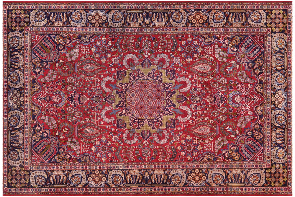 handmade Vintage Tabriz Red Blue Hand Knotted RECTANGLE 100% WOOL area rug 9' x 12'