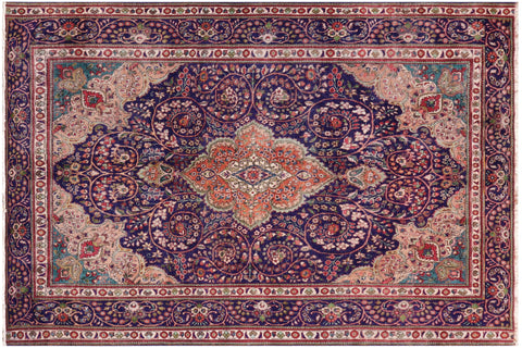 handmade Vintage Kashan Blue Beige Hand Knotted RECTANGLE 100% WOOL area rug 8' x 11'
