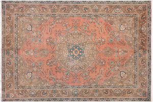 8x11 hand knotted vintage style Persian Kashan design wool rug in peach and brown - Persian Kashan Cindy