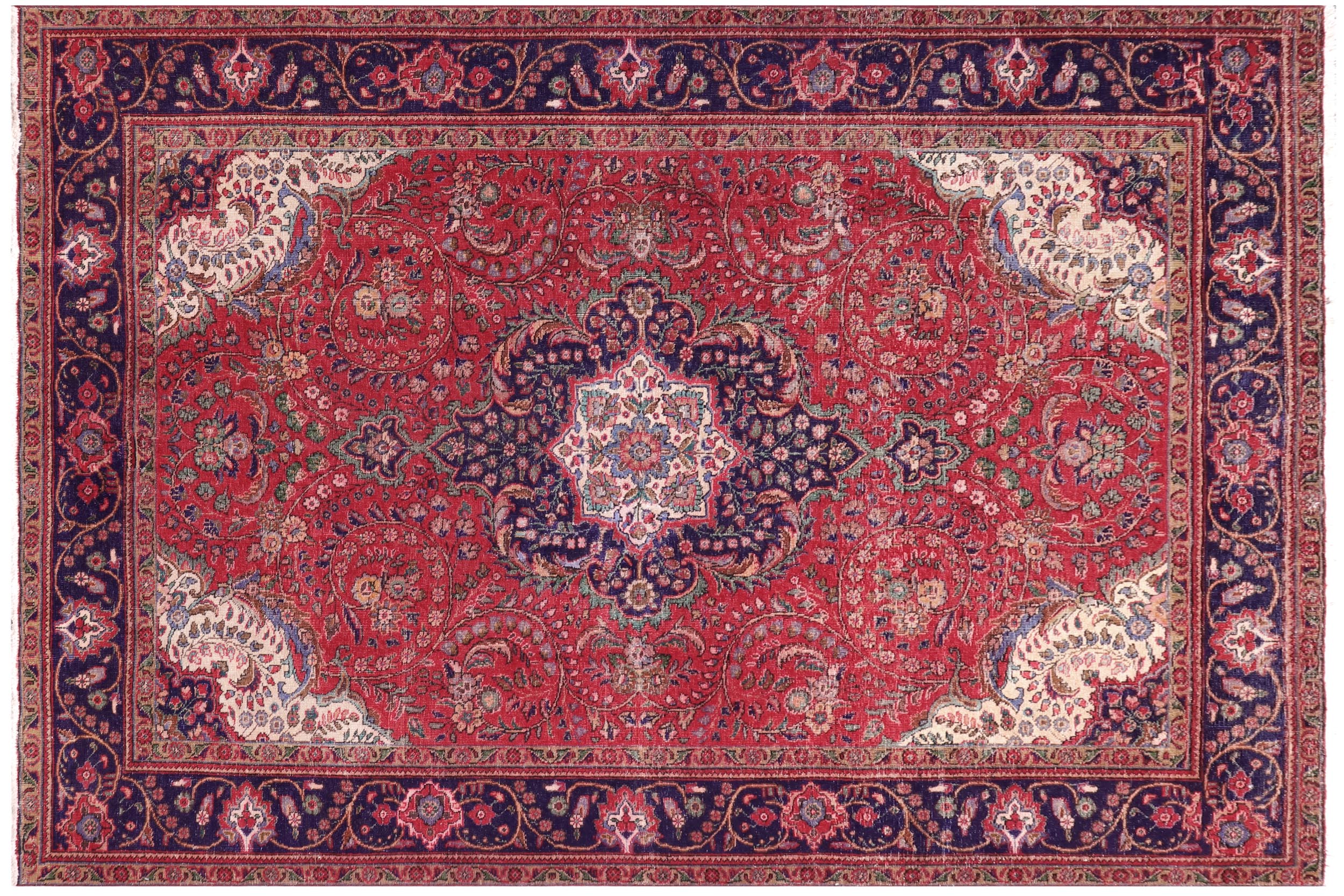 handmade Vintage Kashan Red Blue Hand Knotted RECTANGLE 100% WOOL area rug 7' x 10'