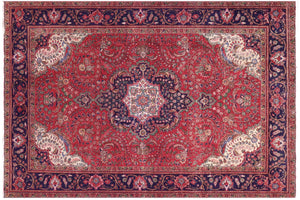 7x10 hand knotted vintage style Persian Kashan design wool rug in red and blue - Vintage Retro Kashan Teresa