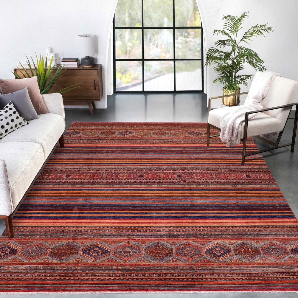 handmade Geometric Kurjean Red Blue Hand Knotted RECTANGLE 100% WOOL area rug 9x12