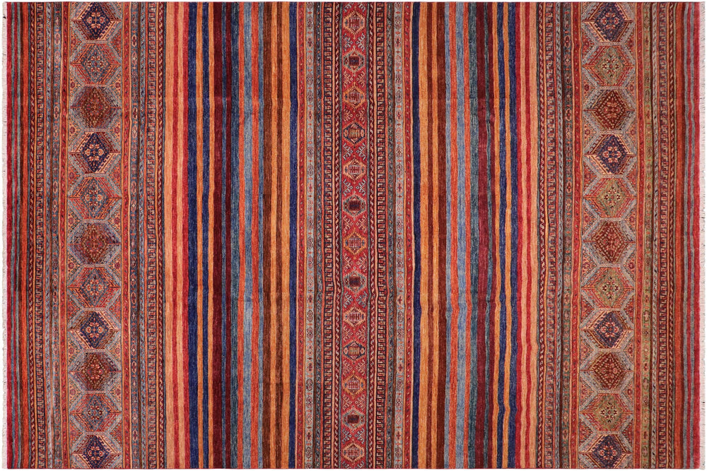 handmade Geometric Kurjean Red Blue Hand Knotted RECTANGLE 100% WOOL area rug 9x12