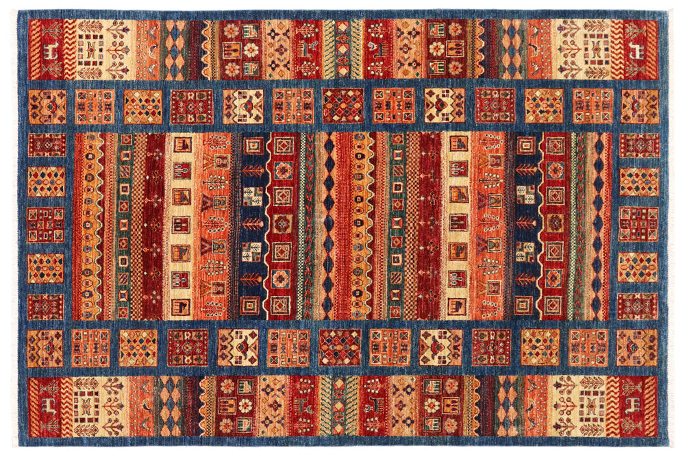 handmade Geometric Kurjean Blue Red Hand Knotted RECTANGLE 100% WOOL area rug 6x7