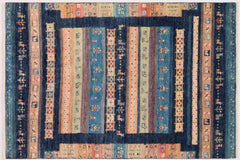 handmade Geometric Kurjean Blue Beige Hand Knotted RECTANGLE 100% WOOL area rug 4x6