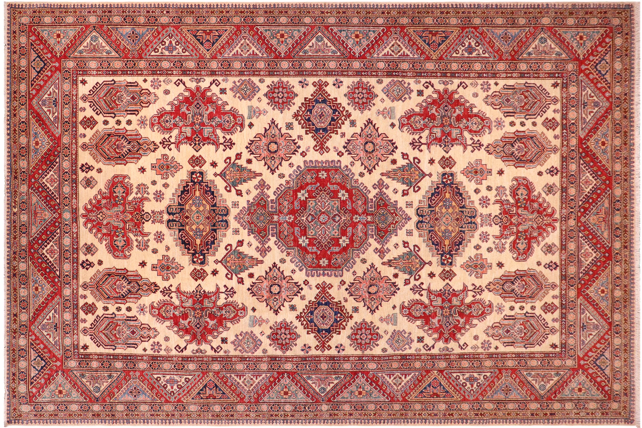 handmade Geometric Super Kazak Ivory Red Hand Knotted RECTANGLE 100% WOOL area rug 9' x 12'