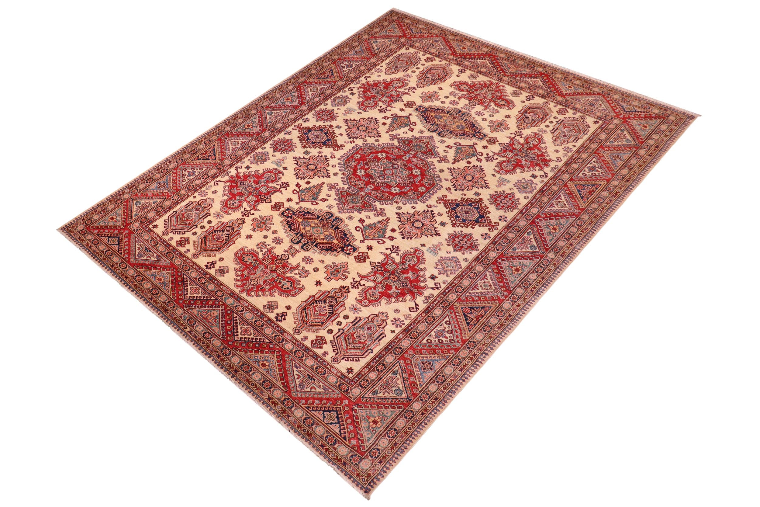 handmade Geometric Super Kazak Ivory Red Hand Knotted RECTANGLE 100% WOOL area rug 9' x 12'
