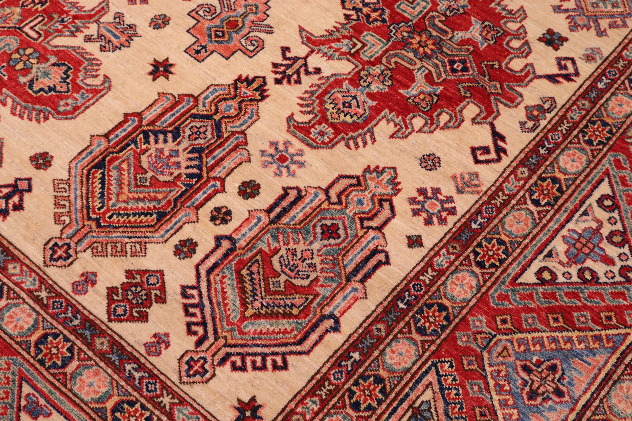 handmade Geometric Super Kazak Ivory Red Hand Knotted RECTANGLE 100% WOOL area rug 9' x 12'