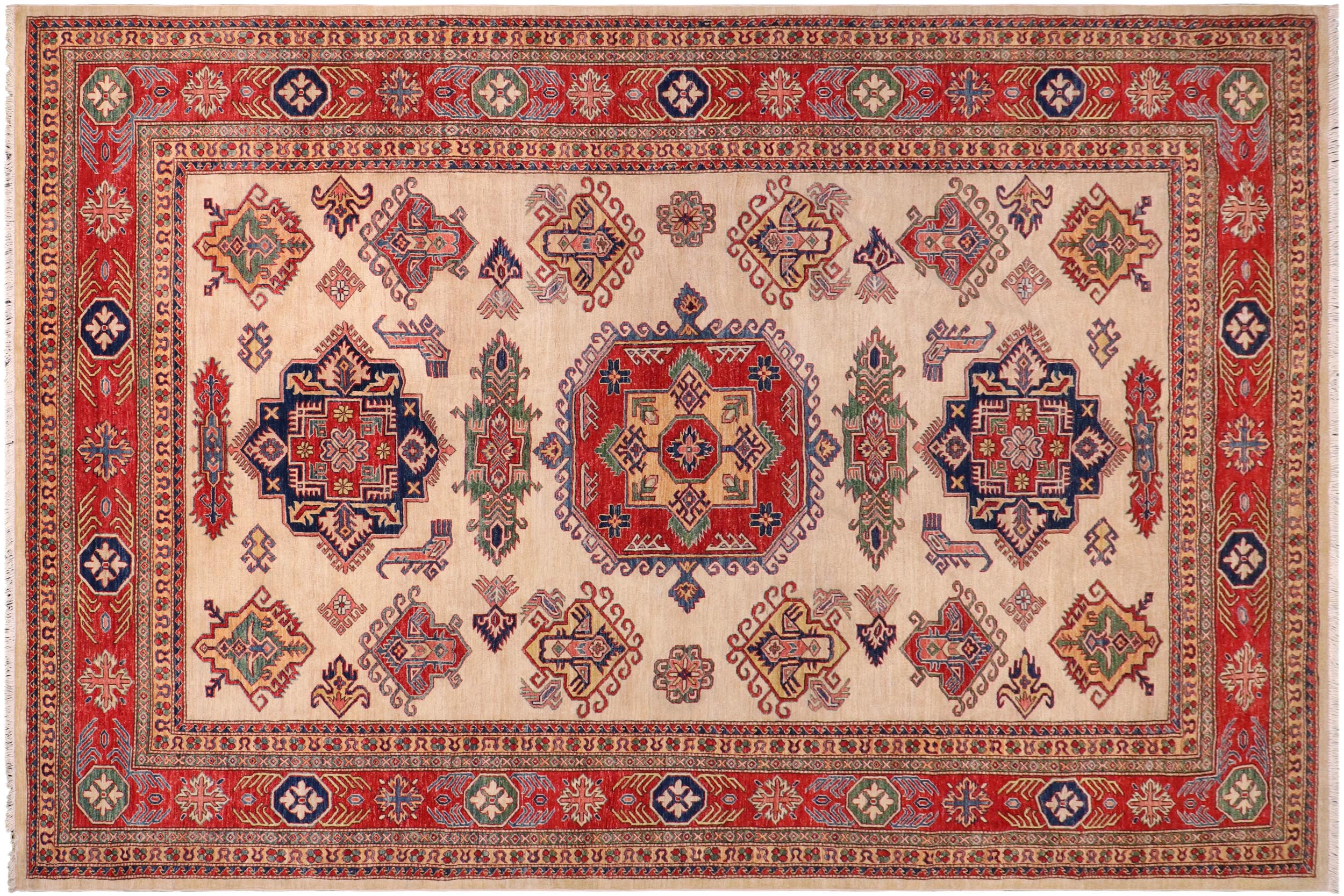 handmade Geometric Super Kazak Ivory Red Hand Knotted RECTANGLE 100% WOOL area rug 9' x 12'