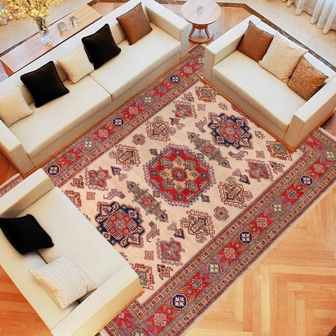 handmade Geometric Super Kazak Ivory Red Hand Knotted RECTANGLE 100% WOOL area rug 9' x 12'