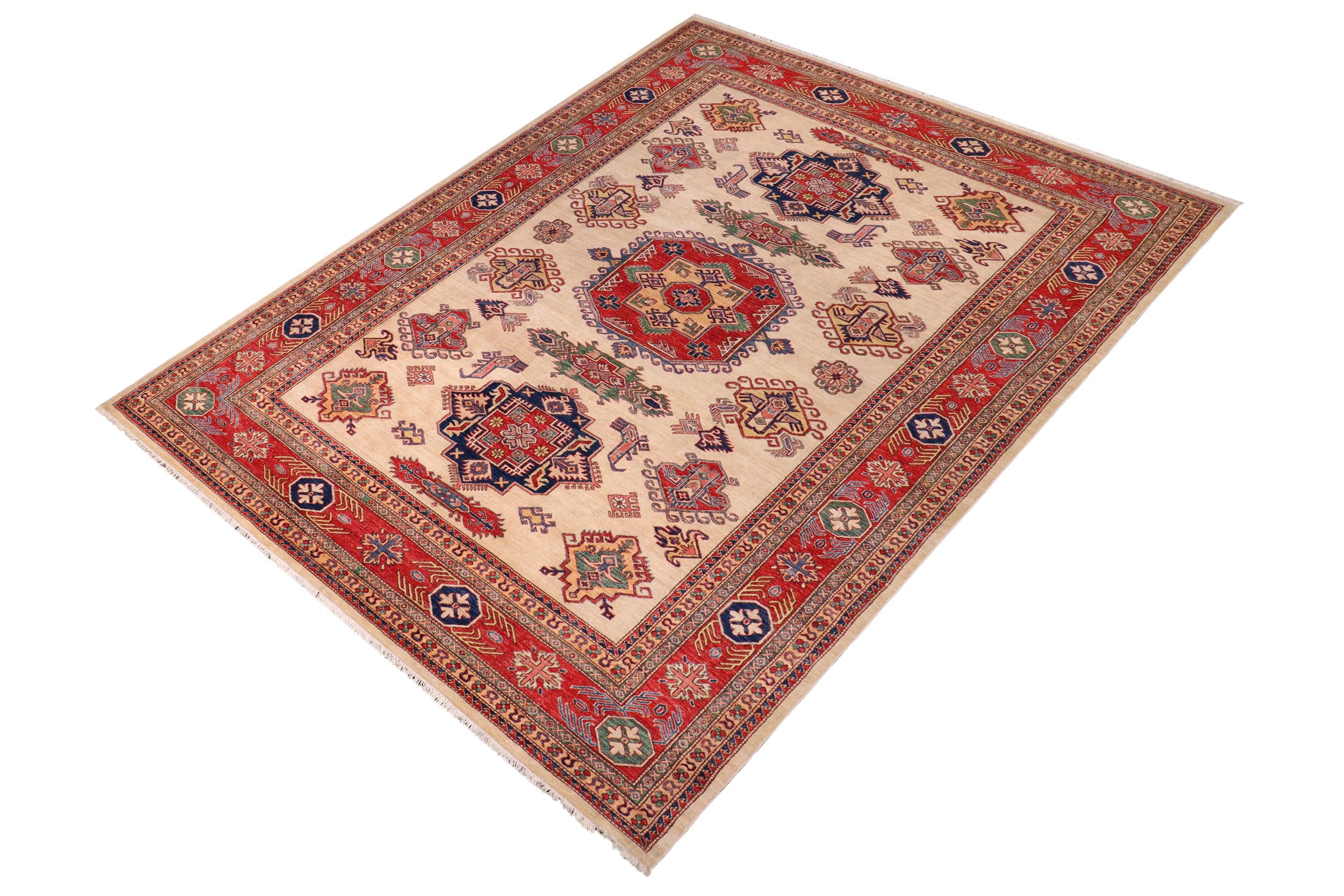 handmade Geometric Super Kazak Ivory Red Hand Knotted RECTANGLE 100% WOOL area rug 9' x 12'
