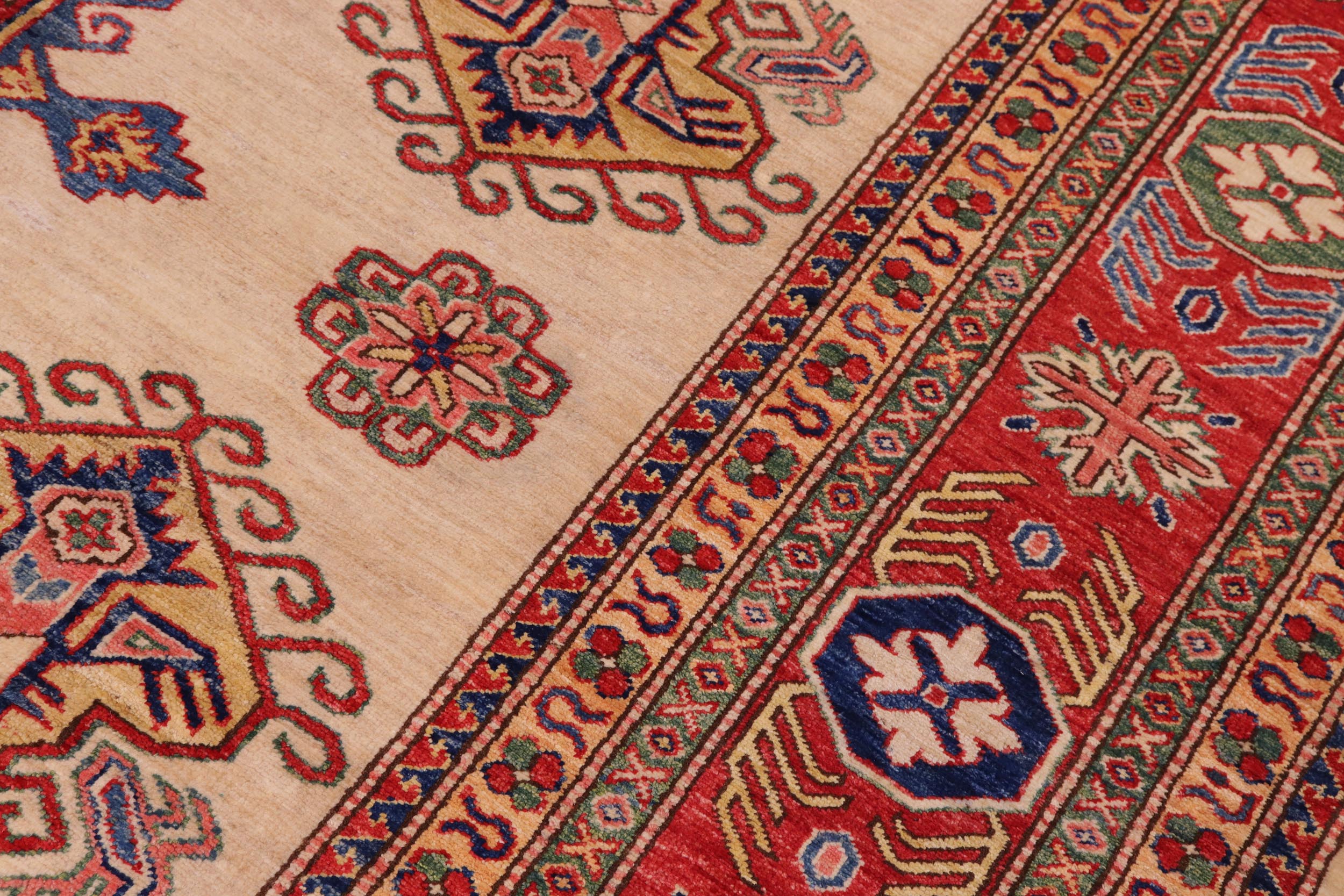 handmade Geometric Super Kazak Ivory Red Hand Knotted RECTANGLE 100% WOOL area rug 9' x 12'