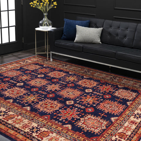 handmade Geometric Super Kazak Blue Beige Hand Knotted RECTANGLE 100% WOOL area rug 8' x 10'