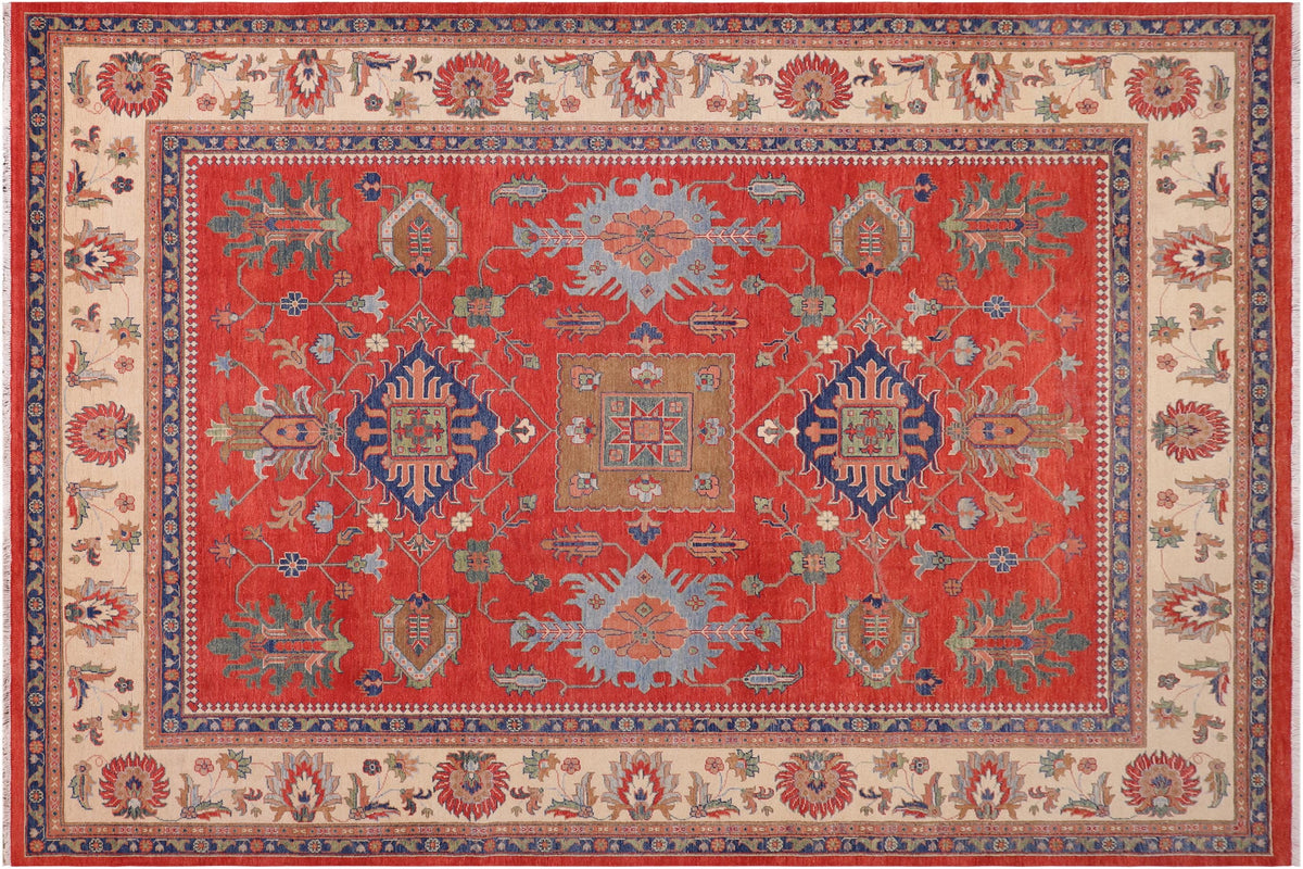 10x14 hand knotted Kazak wool rug in red and beige - Tribal Kazak Zacharia
