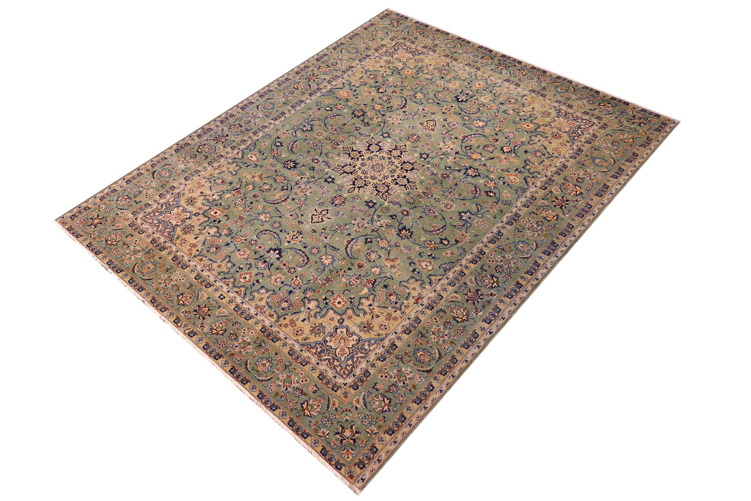handmade Vintage Kashan Green Blue Hand Knotted RECTANGLE 100% WOOL area rug 10' x 13'