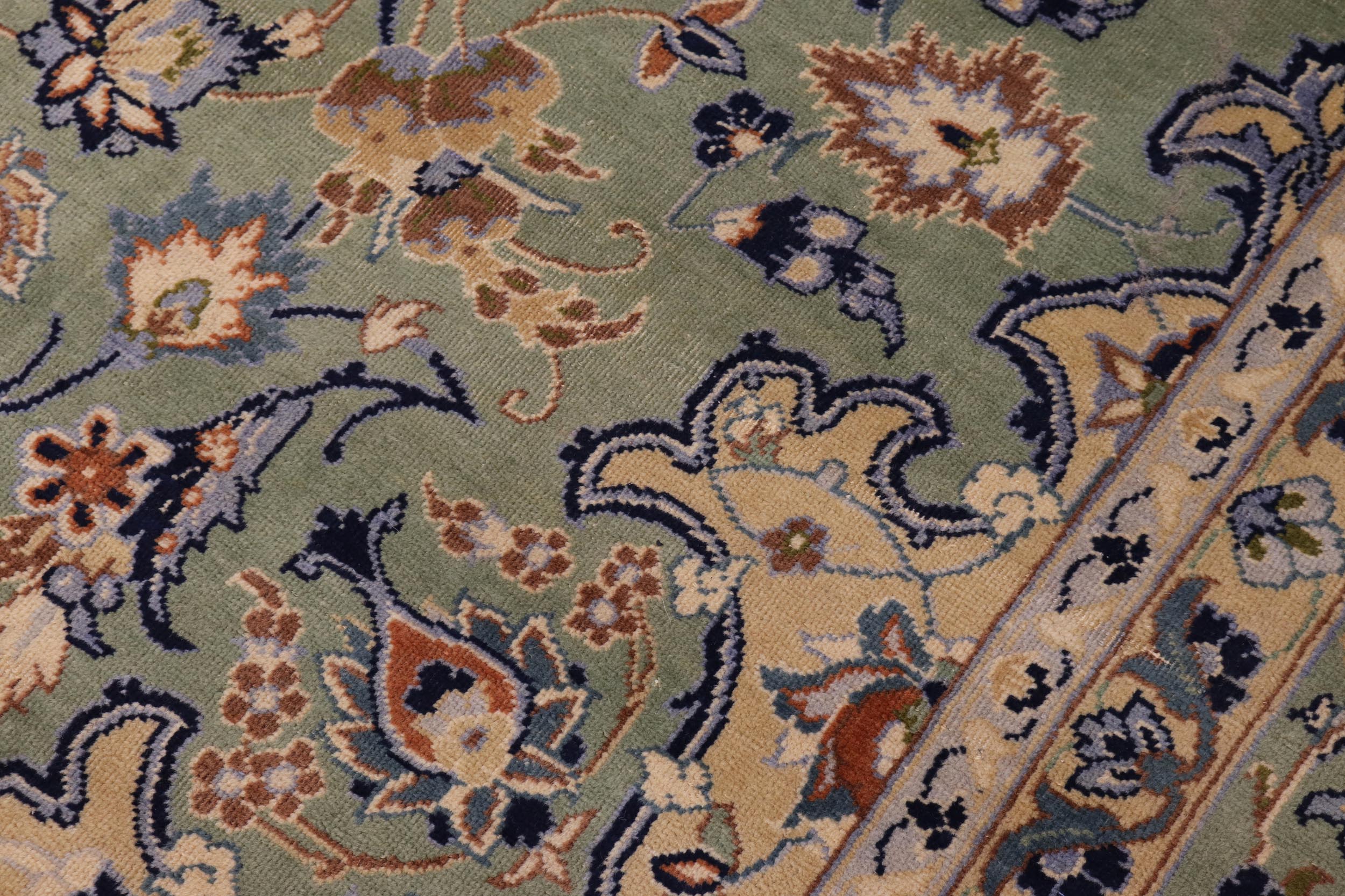handmade Vintage Kashan Green Blue Hand Knotted RECTANGLE 100% WOOL area rug 10' x 13'