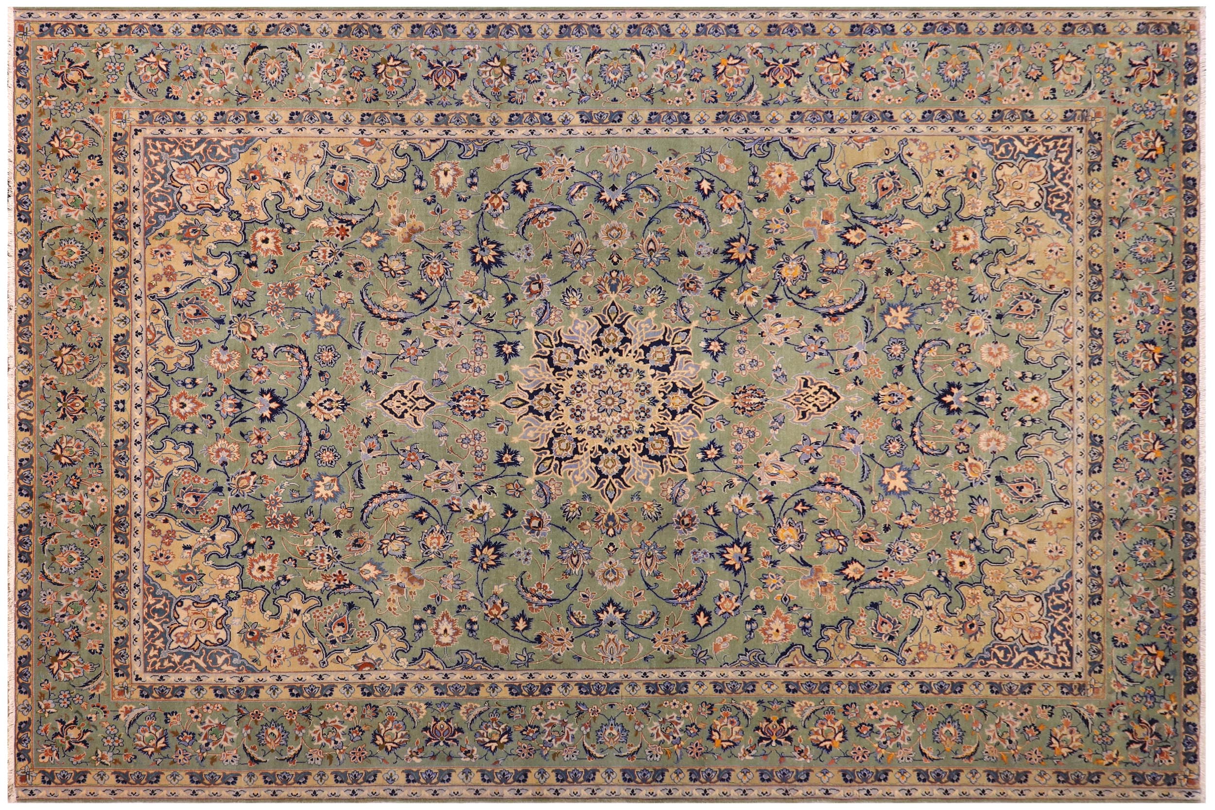 handmade Vintage Kashan Green Blue Hand Knotted RECTANGLE 100% WOOL area rug 10' x 13'