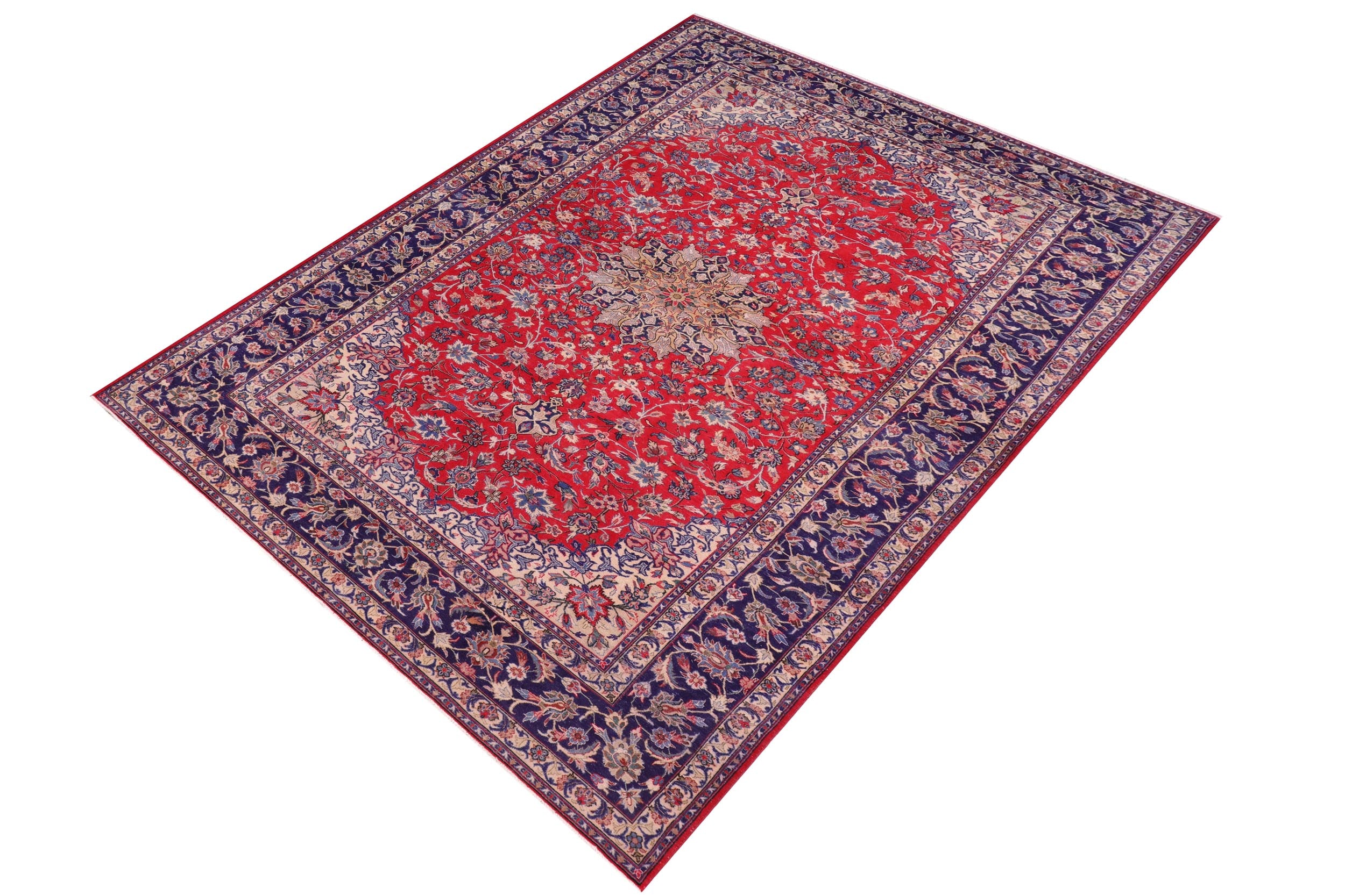 handmade Vintage Kashan Red Blue Hand Knotted RECTANGLE 100% WOOL area rug 10' x 16'