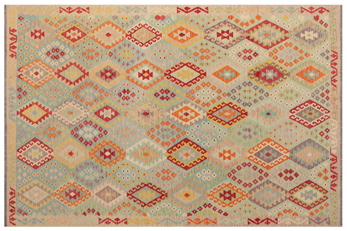9x12 hand woven Turkish Kilim wool rug in blue and purple - Rustic Graham Turkish