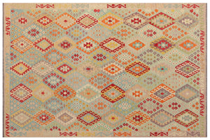9x12 hand woven Turkish Kilim wool rug in blue and purple - Rustic Graham Turkish