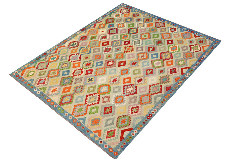 handmade Geometric Kilim Rust Blue Hand-Woven RECTANGLE 100% WOOL area rug 10 x 13