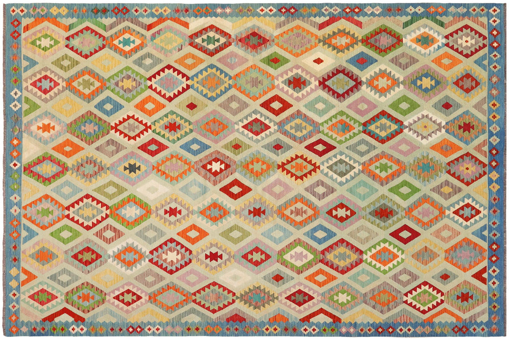 handmade Geometric Kilim Rust Blue Hand-Woven RECTANGLE 100% WOOL area rug 10 x 13