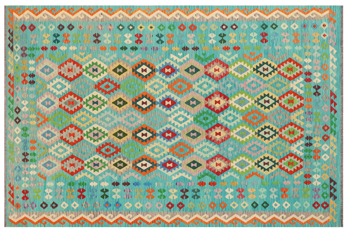 9x12 hand woven Turkish Kilim wool rug in blue and red - Ethnic Savannah Turkish