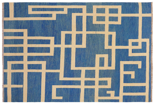 handmade Modern Kilim Blue Beige Hand-Woven RECTANGLE 100% WOOL area rug 8' x 10'