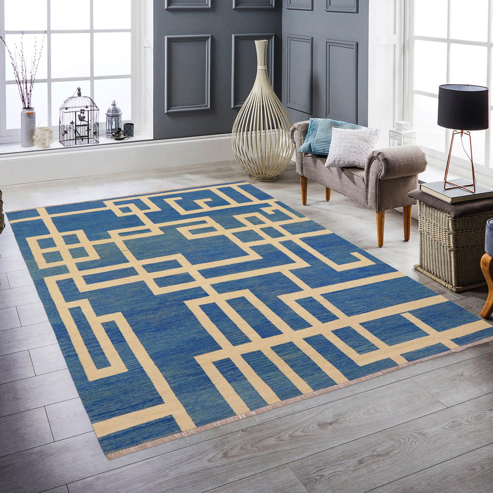 handmade Modern Kilim Blue Beige Hand-Woven RECTANGLE 100% WOOL area rug 8' x 10'