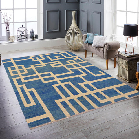 handmade Modern Kilim Blue Beige Hand-Woven RECTANGLE 100% WOOL area rug 8' x 10'