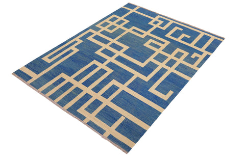 handmade Modern Kilim Blue Beige Hand-Woven RECTANGLE 100% WOOL area rug 8' x 10'