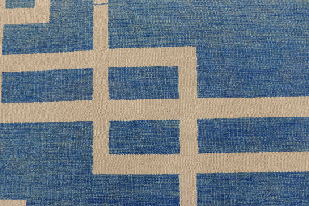 handmade Modern Kilim Blue Beige Hand-Woven RECTANGLE 100% WOOL area rug 8' x 10'