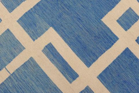 handmade Modern Kilim Blue Beige Hand-Woven RECTANGLE 100% WOOL area rug 8' x 10'