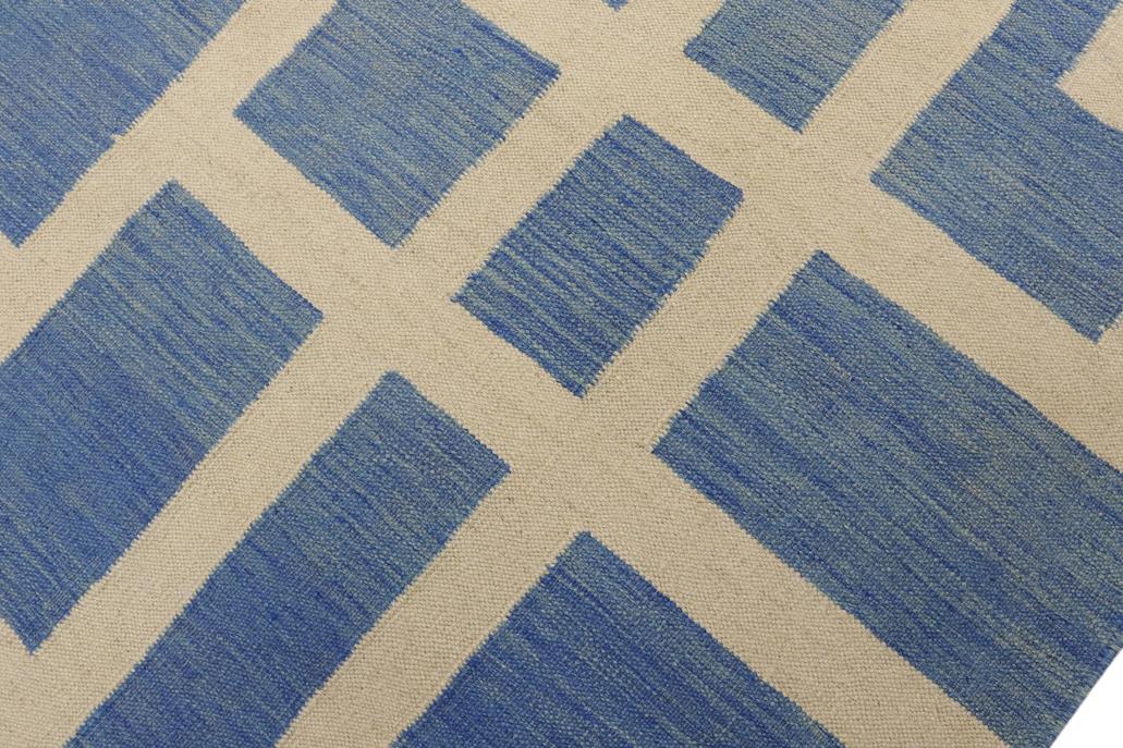 Flat Weave Kilim Antique Navaho Vintage handmade Modern Kilim Blue Beige Hand-Woven Rectangle 100% Wool Area Rug 8x10 
