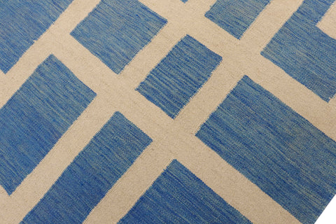 handmade Modern Kilim Blue Beige Hand-Woven RECTANGLE 100% WOOL area rug 8' x 10'
