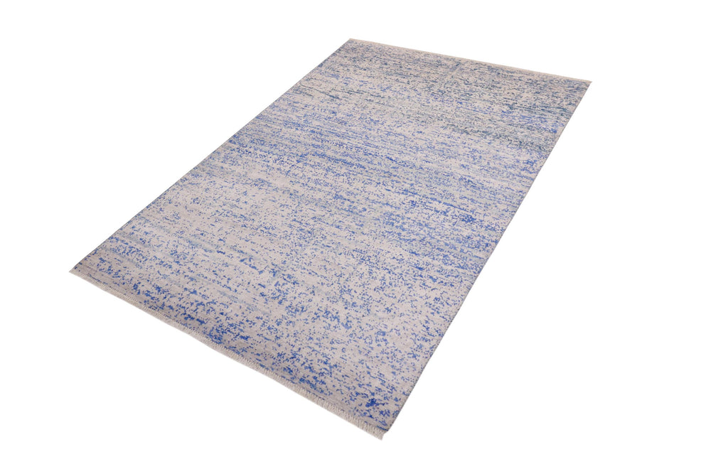 handmade Modern Modern Ivory Blue Hand Knotted RECTANGLE BAMBOO SILK area rug 5' x 8'