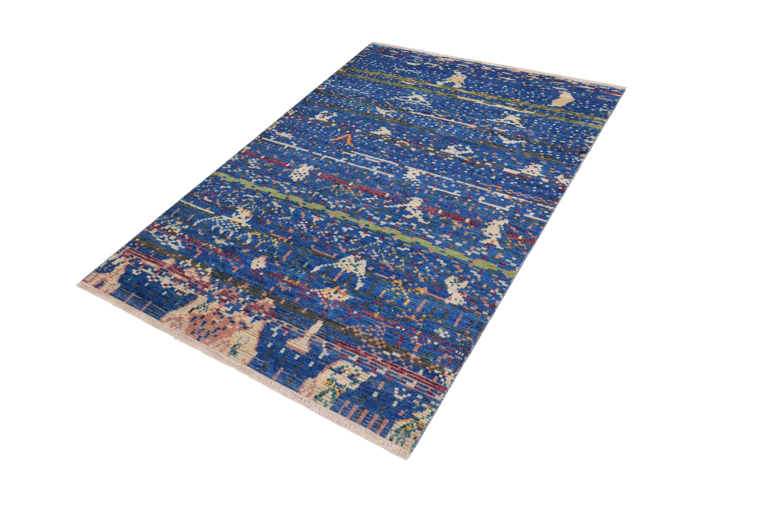handmade Geometric Moroccan Blue Gray Hand Knotted RECTANGLE WOOL&SILK area rug 5' x 7'