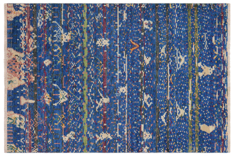 handmade Geometric Moroccan Blue Gray Hand Knotted RECTANGLE WOOL&SILK area rug 5' x 7'