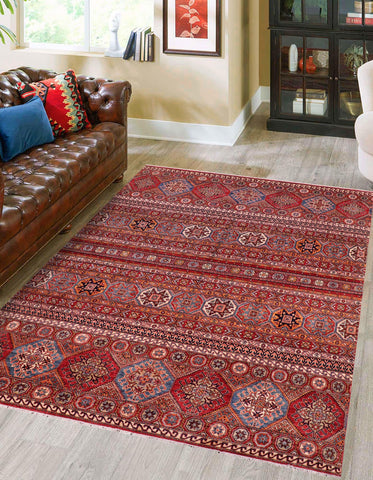 handmade Geometric Kurjean Red Blue Hand Knotted RECTANGLE 100% WOOL area rug 8x10