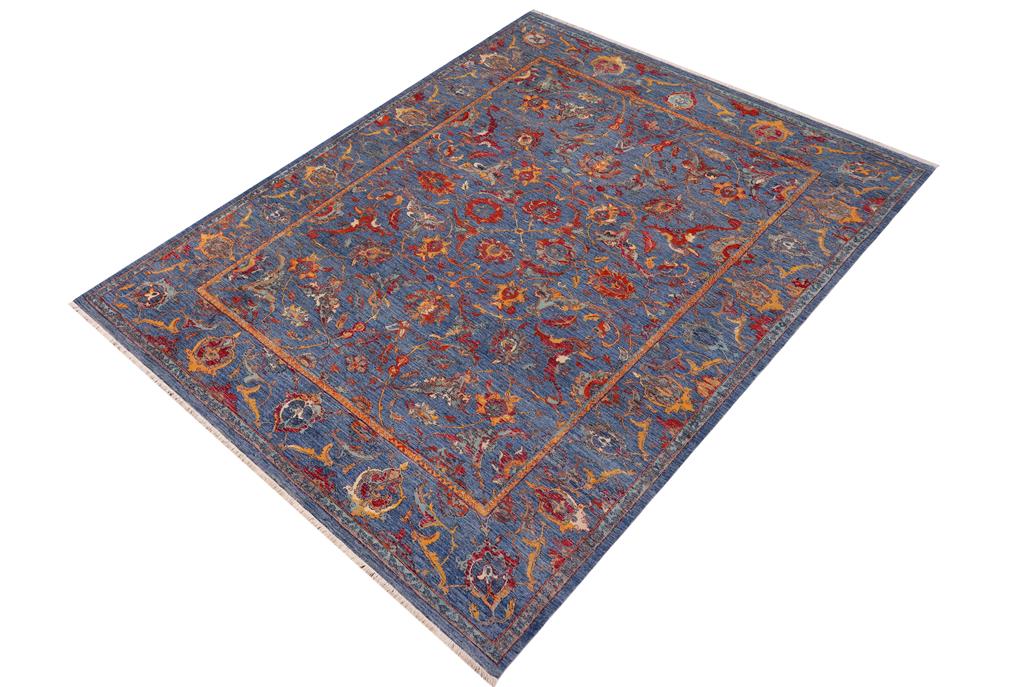 handmade Traditional Kafkaz Blue Rust Hand Knotted RECTANGLE WOOL&SILK area rug 9 x 12