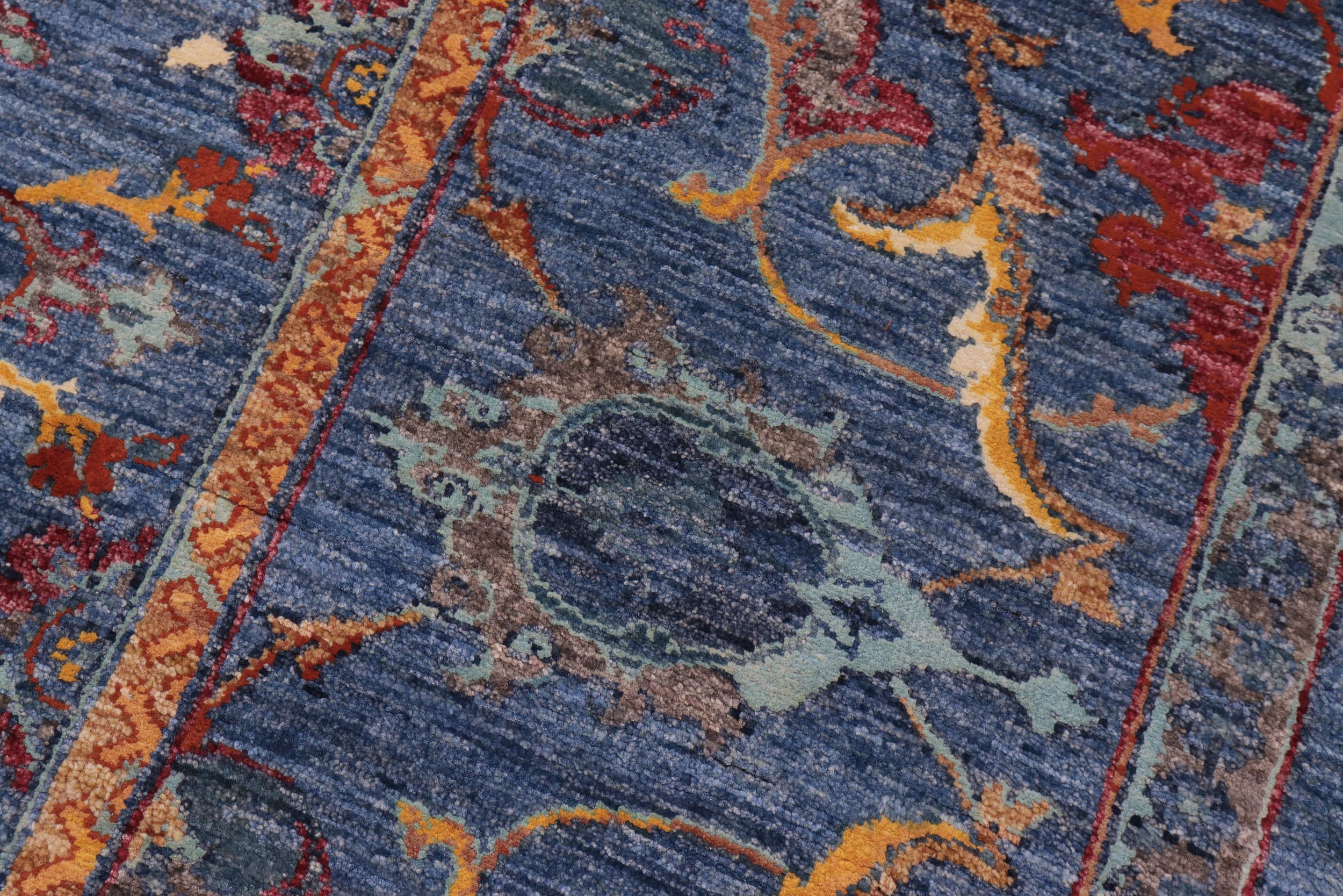 handmade Traditional Kafkaz Blue Rust Hand Knotted RECTANGLE WOOL&SILK area rug 9x12