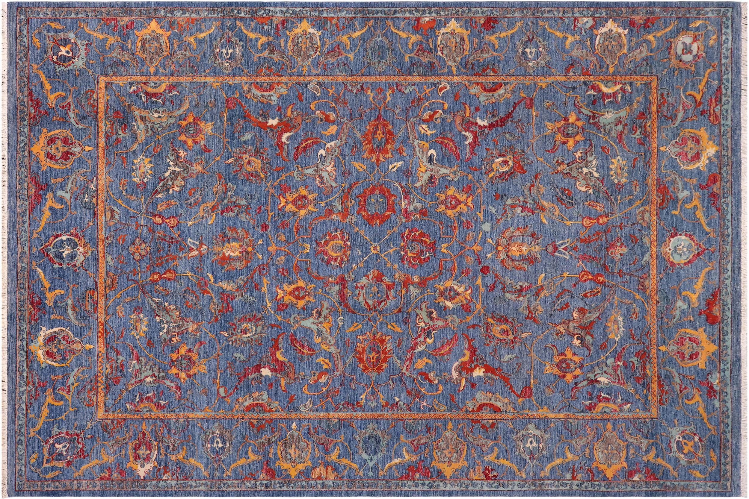handmade Traditional Kafkaz Blue Rust Hand Knotted RECTANGLE WOOL&SILK area rug 9x12
