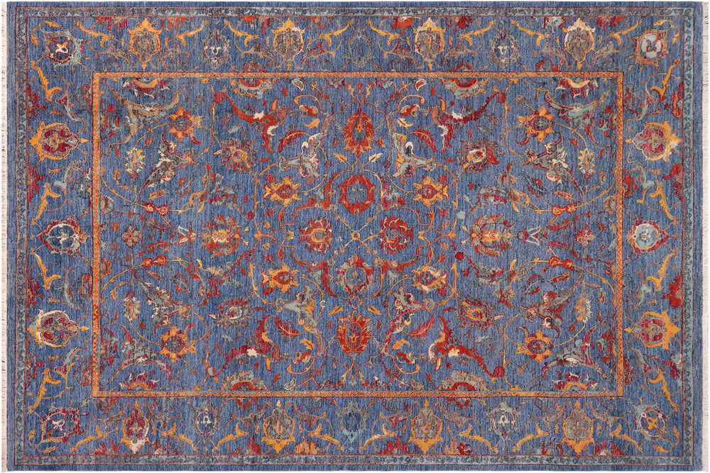 handmade Traditional Kafkaz Blue Rust Hand Knotted RECTANGLE WOOL&SILK area rug 9x12