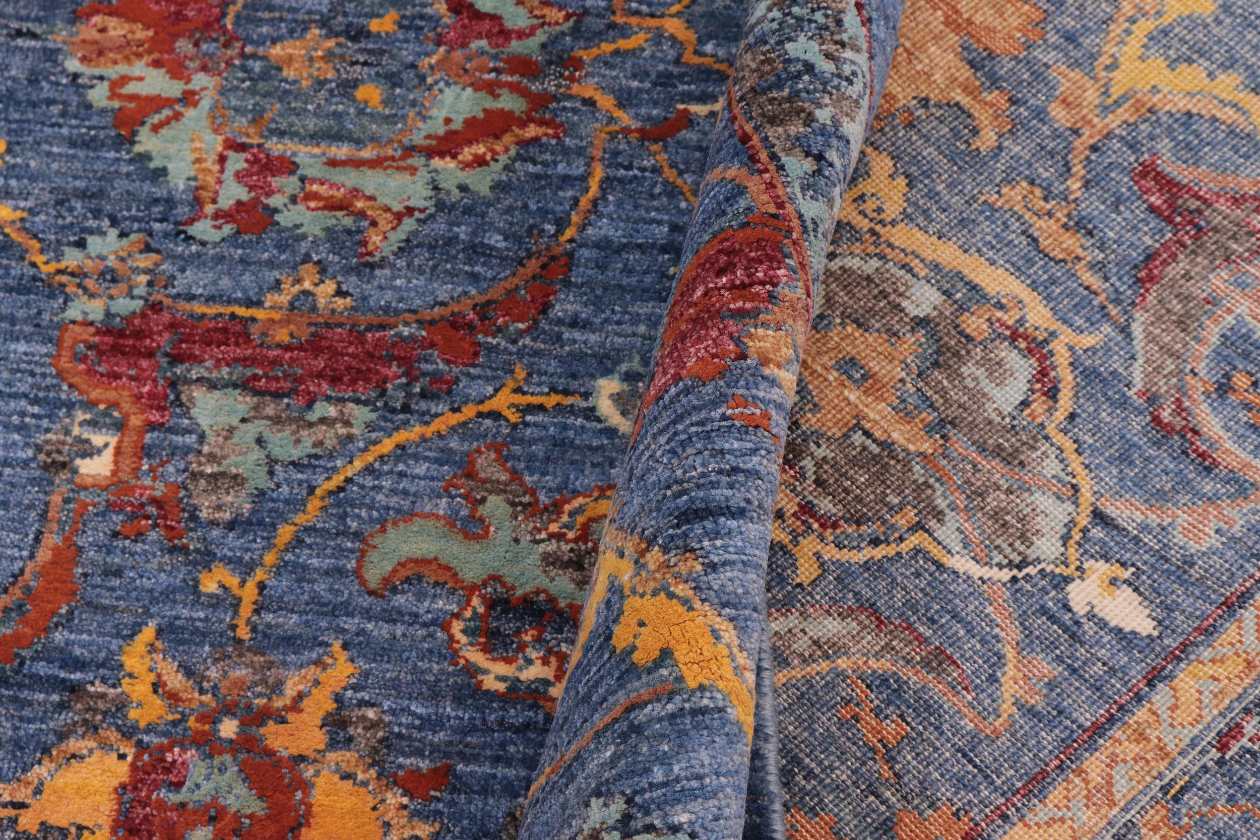 handmade Traditional Kafkaz Blue Rust Hand Knotted RECTANGLE WOOL&SILK area rug 9x12
