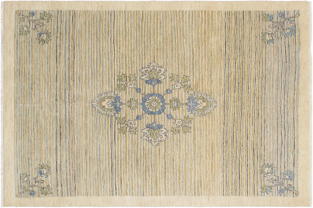 handmade Modern Kafkaz Beige Blue Hand Knotted RECTANGLE 100% WOOL area rug 5' x 6'