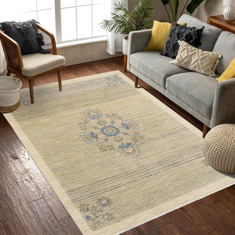 handmade Modern Kafkaz Beige Blue Hand Knotted RECTANGLE 100% WOOL area rug 5' x 6'