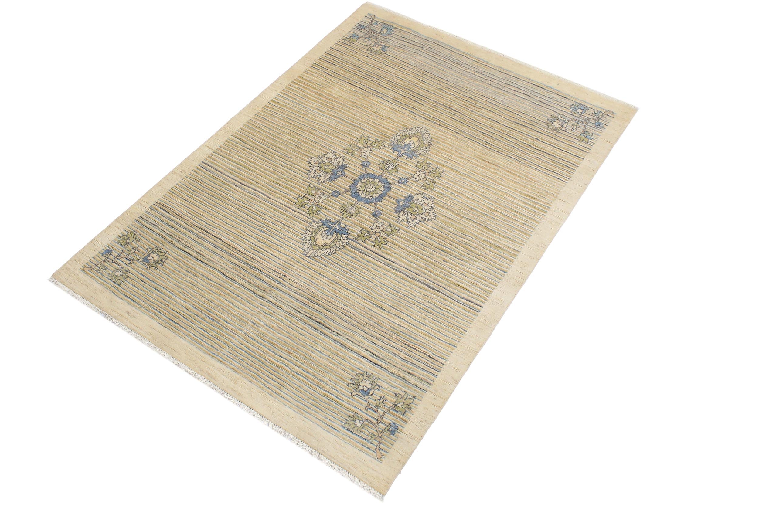 handmade Modern Kafkaz Beige Blue Hand Knotted RECTANGLE 100% WOOL area rug 5' x 6'