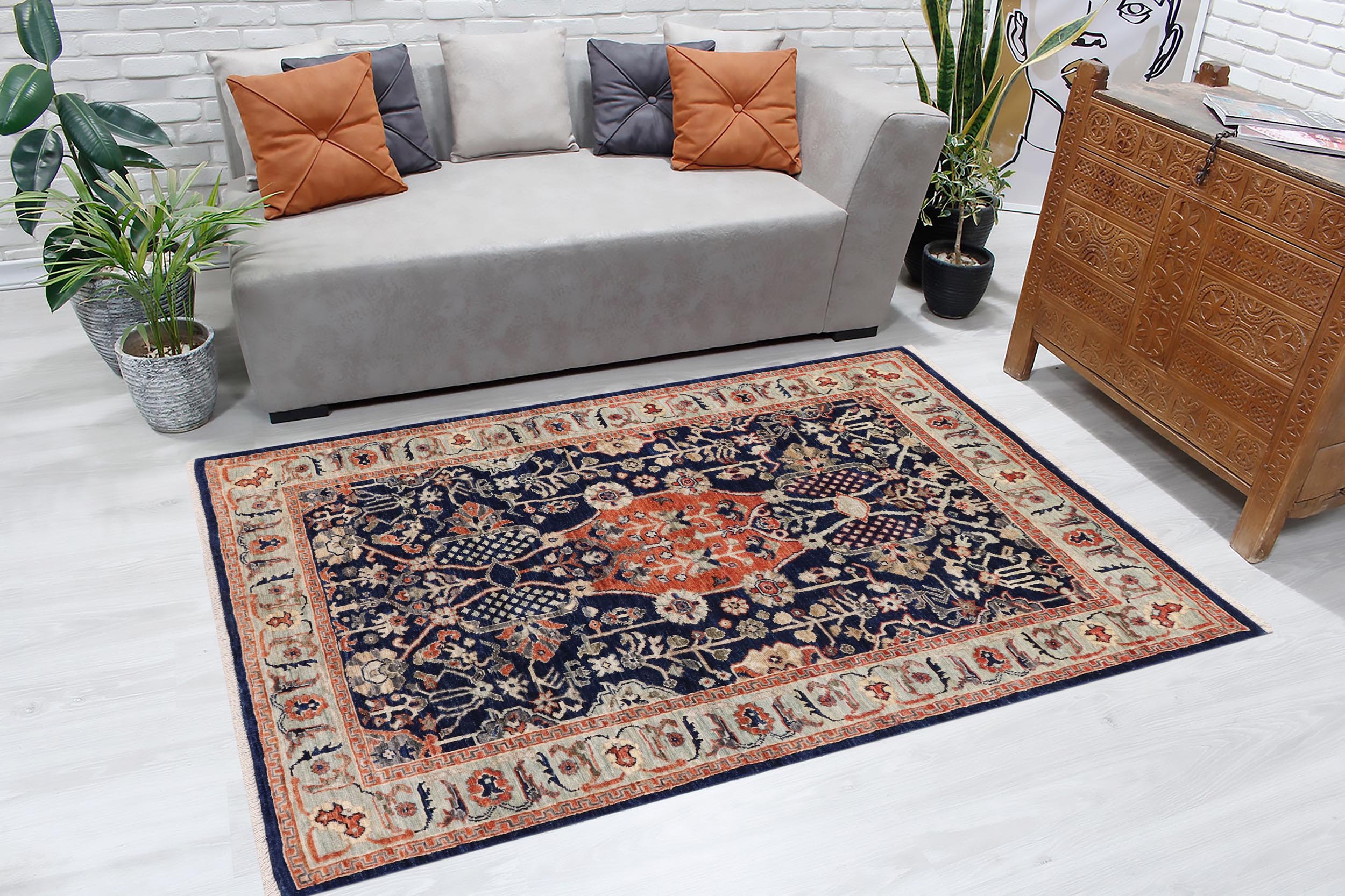 handmade Traditional Kafkaz Blue Rust Hand Knotted RECTANGLE 100% WOOL area rug 4x6