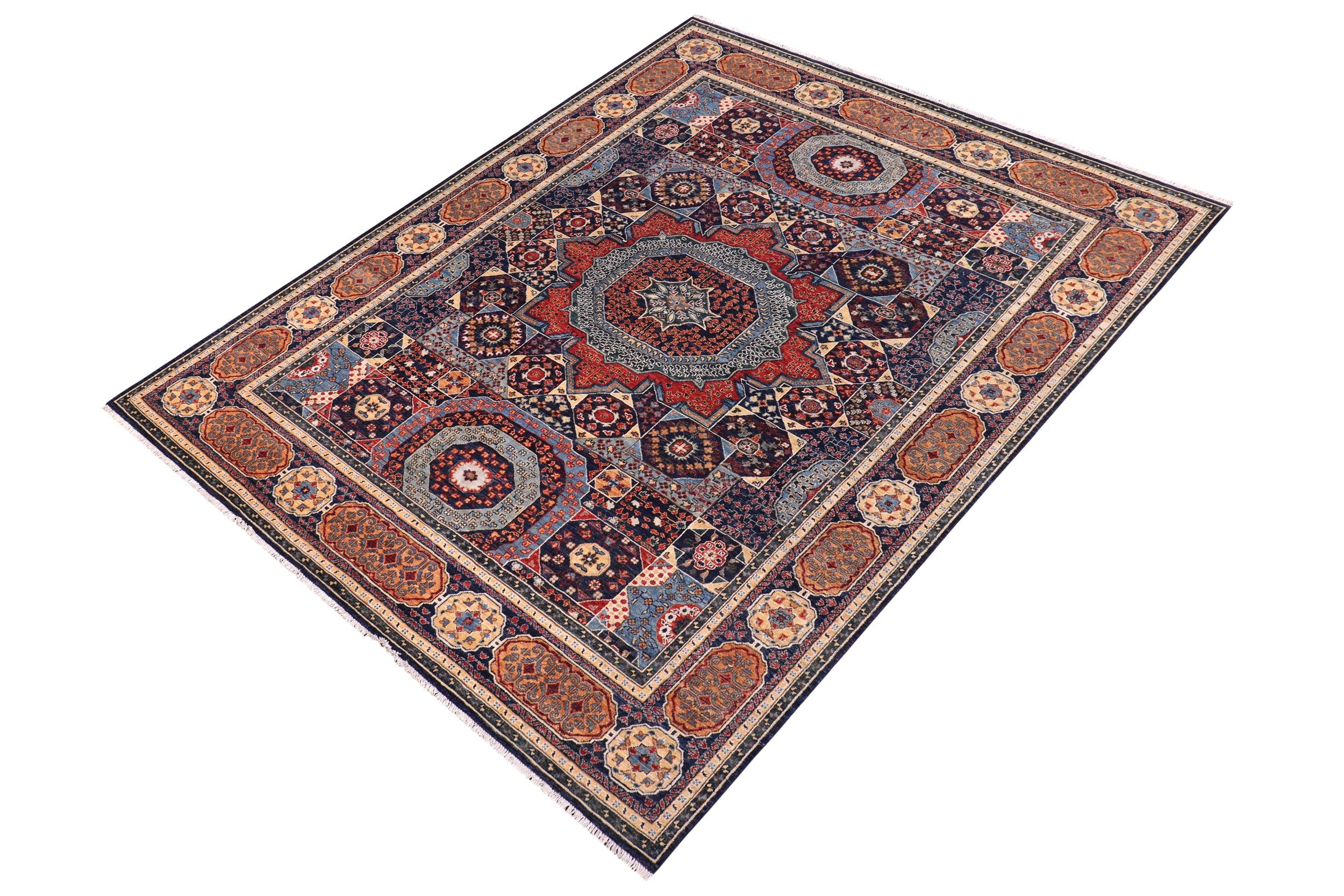 handmade Geometric Mamluk Blue Rust Hand Knotted RECTANGLE WOOL&SILK area rug 8 x 10